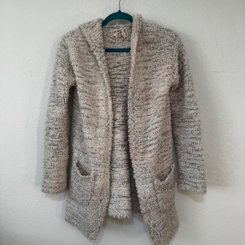 Hippie Rose Hooded Cardigan Sweater Women Size S Knit‎ Open Front Pockets Cream